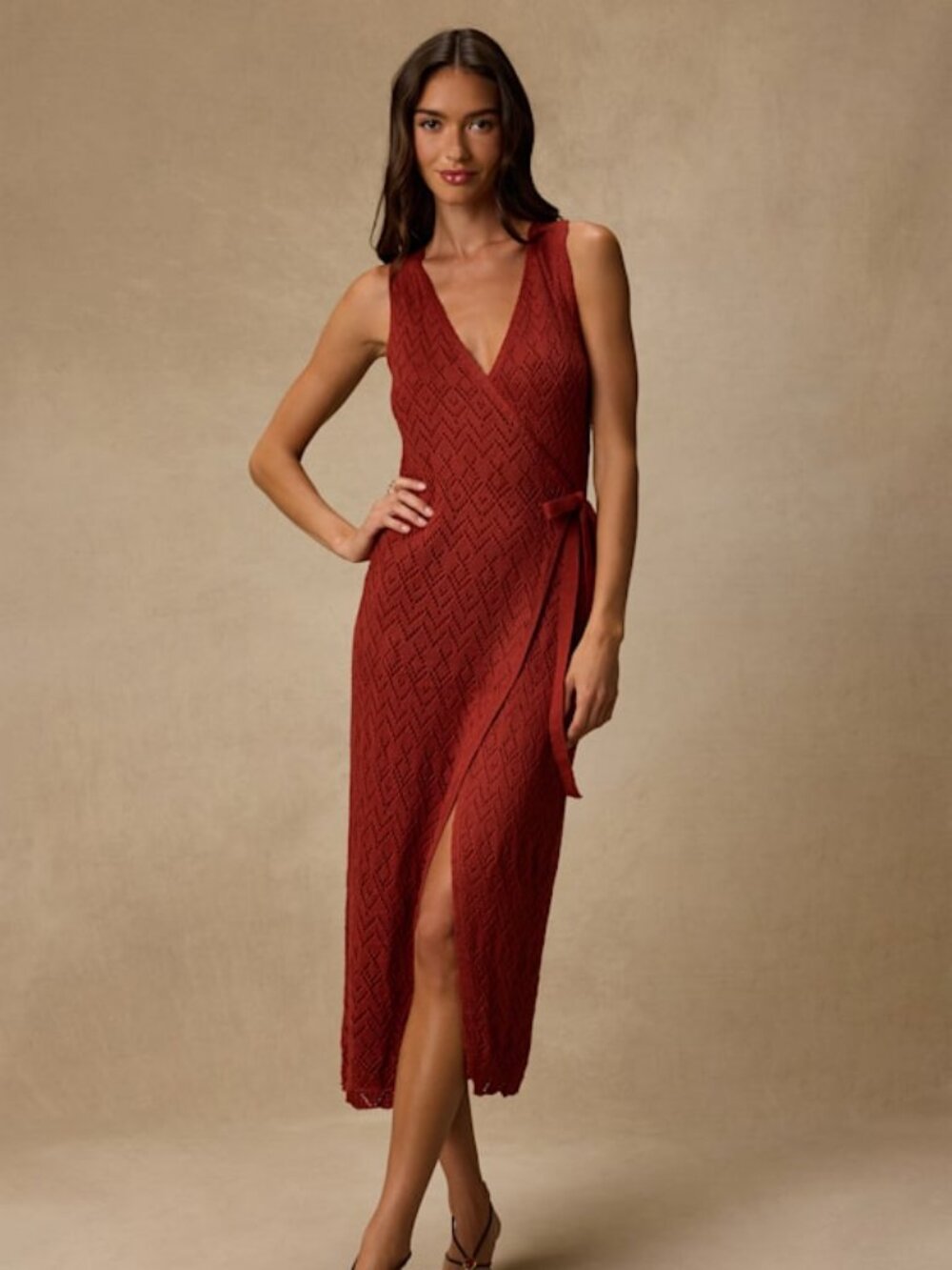 NWT Lulus Livia Rust Red Pointelle Knit Wrap Midi Dress - Size XS